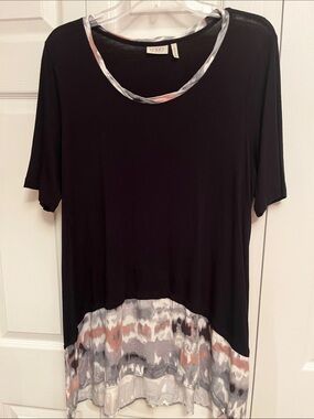 LOGO by Lori Goldstein Black Short-Sleeve Hi-Low Tunic with Marble Accent